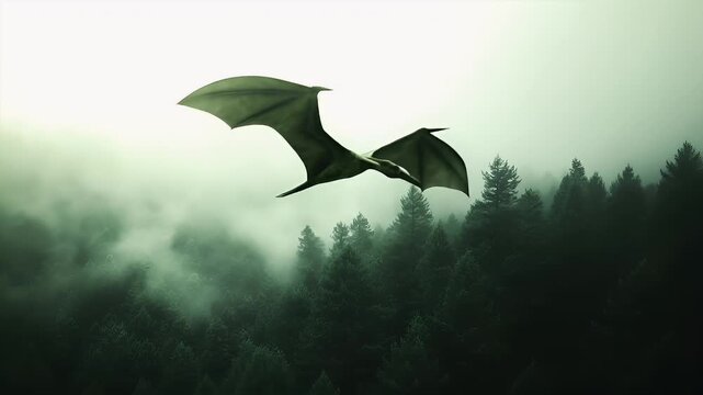 pterodactyl in flight over misty forest.