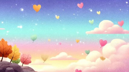 Colorful heart-shaped balloons floating in a dreamy sky with pastel colors. - Powered by Adobe