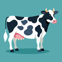 vector illustration of holstein cow, standing in pasture, flat design