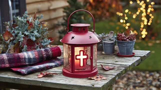 Red lantern with a cross design on a wooden table outdoors.