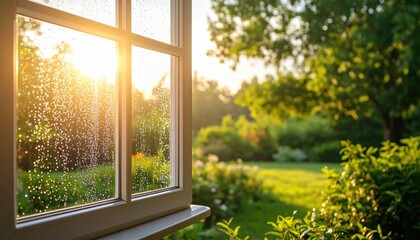 Sunlight Through Rainy Window To Garden