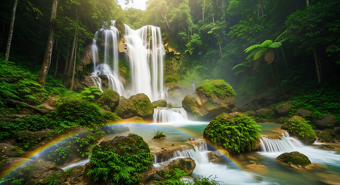 Majestic waterfall cascades amidst lush greenery and a vibrant rainbow - Powered by Adobe