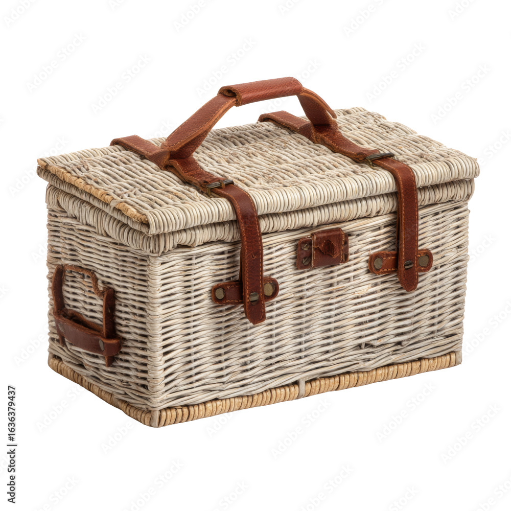 Poster woven storage basket with leather straps, perfect for organization and decor. this stylish container