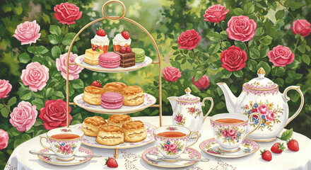 バラ咲く庭で楽しむエレガントなアフタヌーンティー

