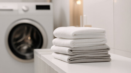 Freshly folded towels ready for use next to a washing machine, perfect for dry cleaning services.