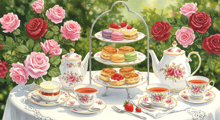 バラ咲く庭で楽しむエレガントなアフタヌーンティー

