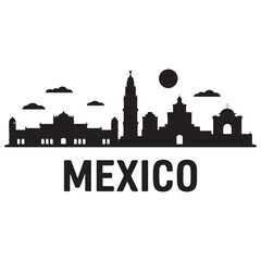 Obraz premium Vector Mexico skyline. Travel Mexico famous landmarks. Business and tourism concept for presentation, banner, web site. Vector black silhouette. with white background.