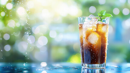 Refreshing iced drink with ice cubes and mint leaves, set against blurred green background, evokes sense of summer relaxation