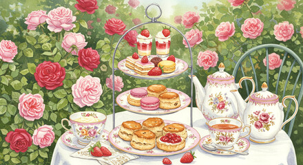 バラ咲く庭で楽しむエレガントなアフタヌーンティー

