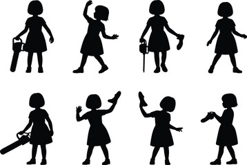 Silhouette of girl, chainsaw and shoe, playful poses, isolated on white, unique concept, creative art, stock photo, fun, dramatic, edgy, 