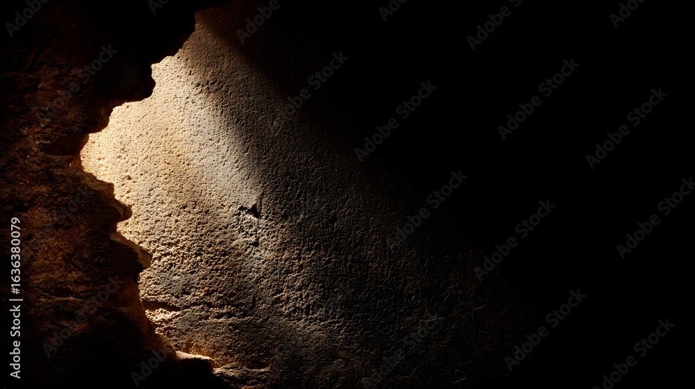 Poster light filtering through a crevice in a textured wall.