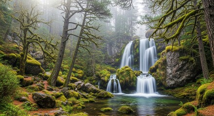 Misty forest waterfall cascading over mossy rocks into a clear, tranquil pool.