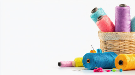 Colorful sewing threads and needles arranged in basket, showcasing vibrant hues and crafting supplies, perfect for creative projects