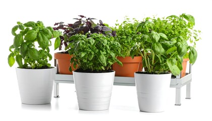 Fototapeta premium Potted herbs on a metal rack