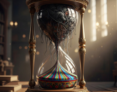 A metaphor for turning chaos into order, an hourglass where tangled threads are transformed into a beautiful tapestry as time passes.