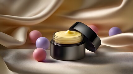 Luxurious cream jar on a satin backdrop.