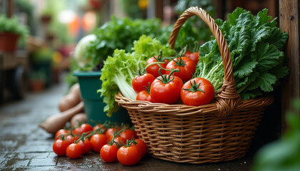  A rustic wicker basket filled with a variety of fresh organic vegetables, including tomatoes, and lettuce.