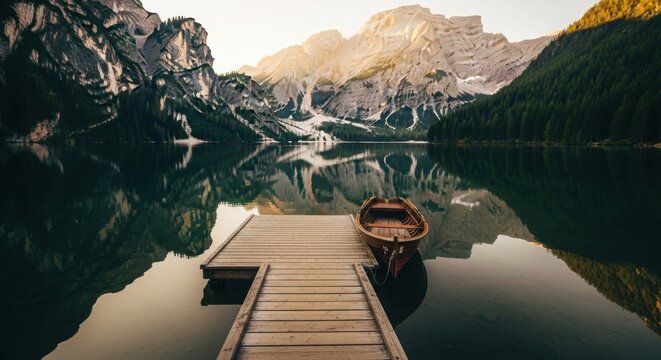 Wooden dock and rowboat on a calm alpine lake reflecting towering mountains at sunrise.