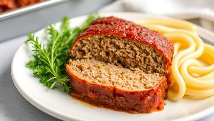 Nahaufnahme eines saftigen Hackbratens mit Tomatenglasur, serviert mit Nudeln und frischer Petersilie, auf wei&szlig;em Teller angerichtet.