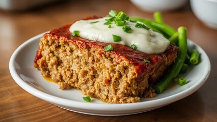 Nahaufnahme eines saftigen Hackbratens mit Tomatenglasur, serviert mit Nudeln und frischer Petersilie, auf wei&szlig;em Teller angerichtet.