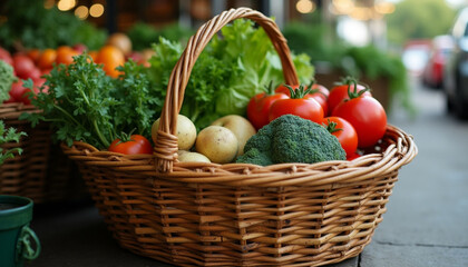 A rustic basket full of organic vegetables like broccoli, potatoes, lettuce, and tomatoes at a farmer's market.