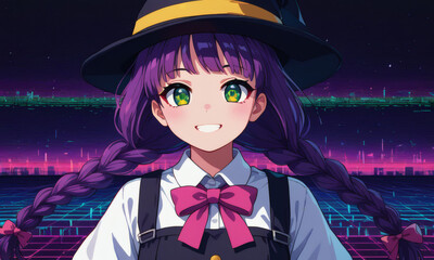 Vibrant anime girl with braided purple hair and a witch hat smiles brightly against a neon cyberpunk cityscape, blending magical charm with futuristic synthwave vibes.