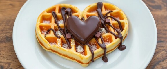 Bildbeschreibung: Frische, goldbraune Herzwaffeln mit süßem Topping, serviert auf weißem Teller mit frischen Erdbeeren im Vordergrund.