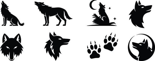 Wolf silhouette icon set, howling moon paw print, black white vector heads, wild animal clipart, tattoo logo design bundle
