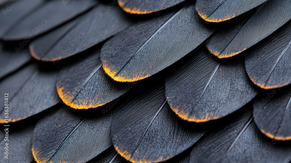 Poster macro photo of textured black feathers with orange tips, showcasing intricate details and patterns t