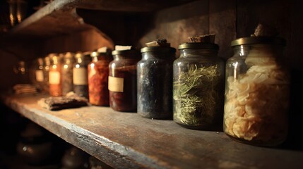 Glass jars filled with various dried herbs and botanicals on a wooden shelf.