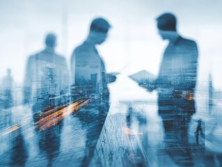 Worms-eye perspective, digital notes illuminate tech-savvy professionals smart office