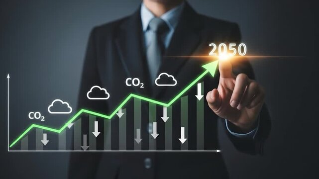 CO2 emissions reduction target to 2050, man pointing at chart
