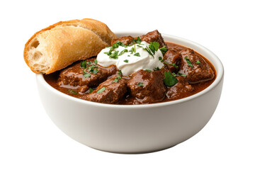 Savory Stew: A close-up shot of a hearty beef stew served in a white bowl, garnished with a dollop of cream and fresh herbs. A bread roll sits beside it, promising a comforting meal.