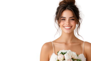 Radiant Bride with Bouquet: A beautiful bride smiles with pure joy, holding a delicate bouquet of white flowers, radiating happiness and elegance.
