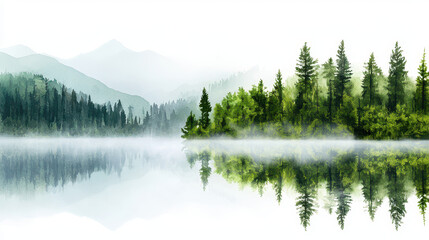 Obraz premium Serene watercolor landscape featuring tranquil lake surrounded by lush green trees and misty mountains in background
