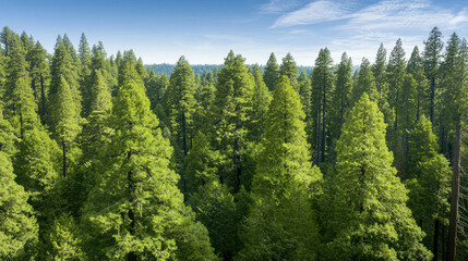 Fototapeta premium Aerial view of lush green coniferous forest with tall trees reaching towards sky, creating serene and tranquil atmosphere