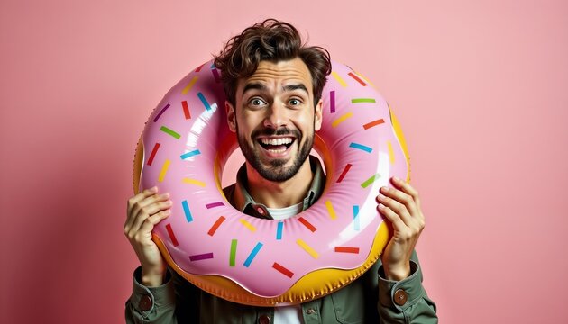 Young man smiling while holding a pink donut float on pink background  