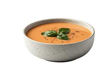 Tomato Basil Soup Delight: A smooth and vibrant bowl of tomato basil soup is garnished with fresh basil leaves and a hint of black pepper, embodying the essence of culinary pleasure. 