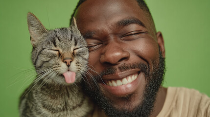 Happy man and cat sticking out tongue on green background