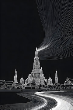 A minimal abstract line rendering of Wat Arun temple, showcasing flowing contours and traditional Thai elegance.