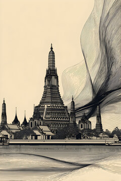 A minimal abstract line rendering of Wat Arun temple, showcasing flowing contours and traditional Thai elegance.