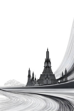 A minimal abstract line rendering of Wat Arun temple, showcasing flowing contours and traditional Thai elegance.