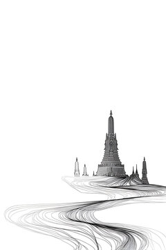 A minimal abstract line rendering of Wat Arun temple, showcasing flowing contours and traditional Thai elegance.