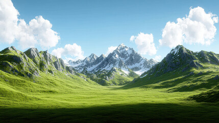 Breathtaking mountain landscape featuring majestic peaks, lush green valleys, and clear blue sky filled with fluffy clouds