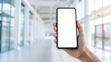 Hand holding smartphone with blank screen in modern building hallway