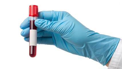 Gloved hand holding blood sample test tube