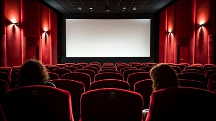 Obraz premium Two people watch a blank screen in a dimly lit red velvet movie theater