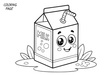 Coloring Pages, cute cartoon milk carton with happy face, colorless, uncolored, black and white for coloring book, coloring page, kids