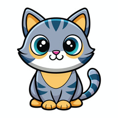 A happy, smiling cartoon cat with cute fur and a funny tail is a cheerful vector illustration of a domestic pet.