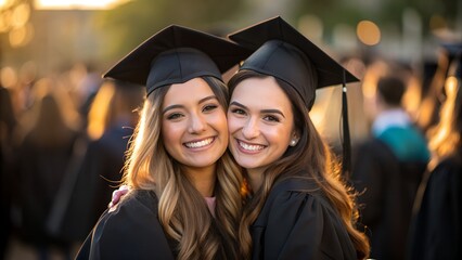 Two smiling female graduates in caps and gowns embracing outdoors